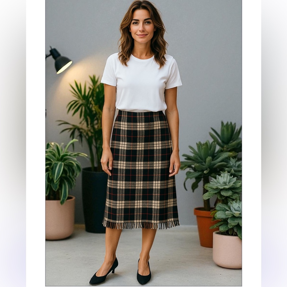 Nwot! Nouveaux black plaid wool blend with fringe